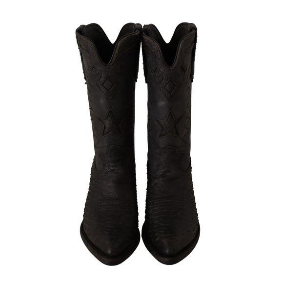 ASH Black Snakeskin Leather Women Mid Calf Cowboy Shoes - Picture 6 of 6